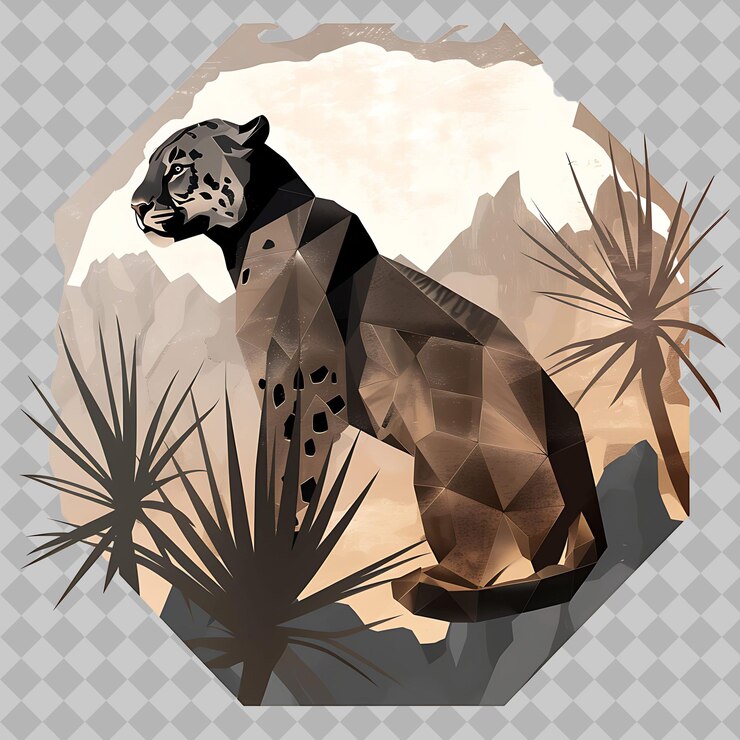 PSD florida panther animal inside a silhouette octagon mountain png watercolor wild life collections