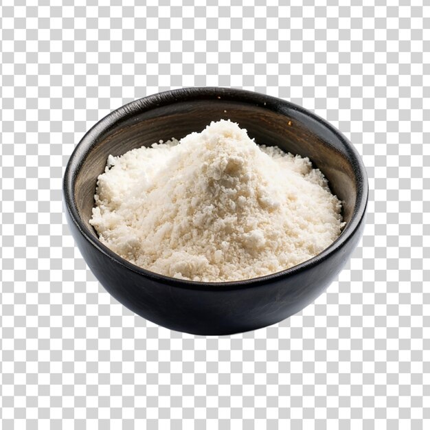 Flour coconut on black bowl isolated on transparent background