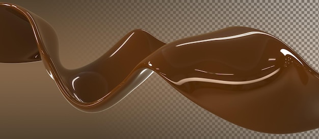 PSD flow of bitter hot chocolate 3d render wave of brown liquid glossy ganache sauce or syrup with molten texture splash of cocoa coffee or sweet choco isolated on dark background 3d illustration