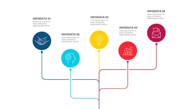 PSD infografica del diagramma di flusso con 5 cerchi collegati a una linea sottile modello di progettazione infografica semplice