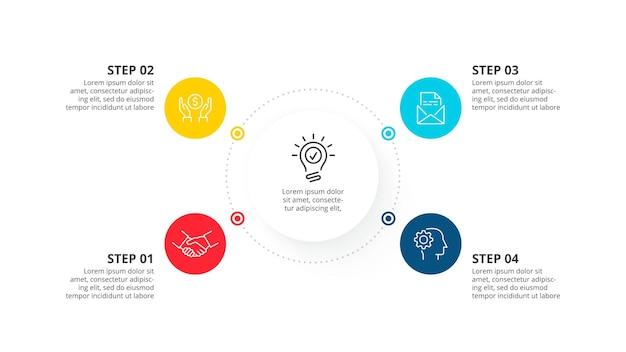 PSD flowchart infographic circles with icons and 4 options or steps