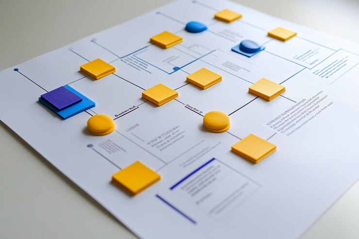 PSD flowchart with colorcoded sticky notes on white background