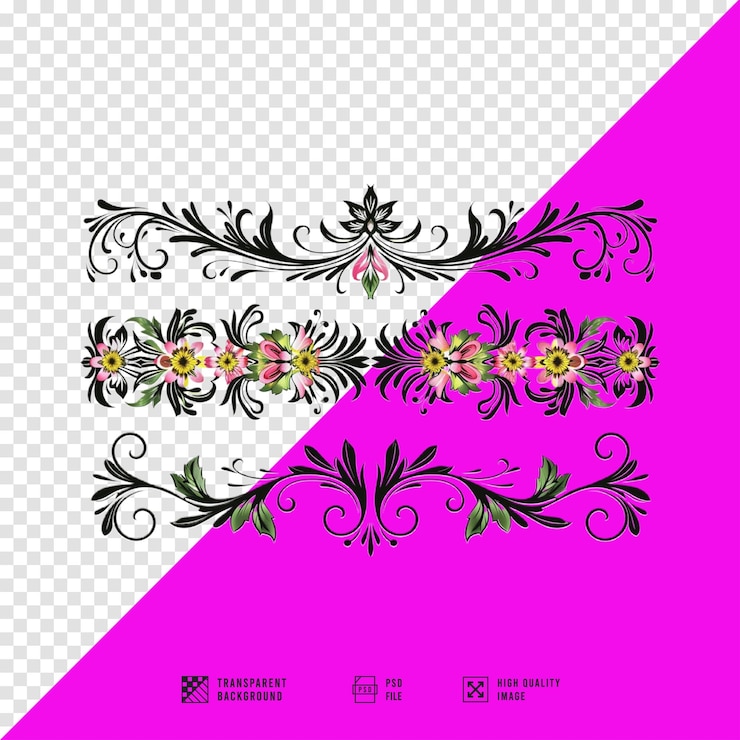 PSD flower border ornament design image without background hd quality