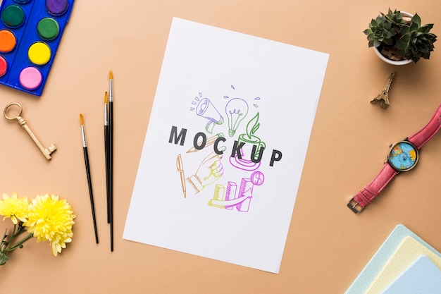 PSD flower and desk tools on office mock-up