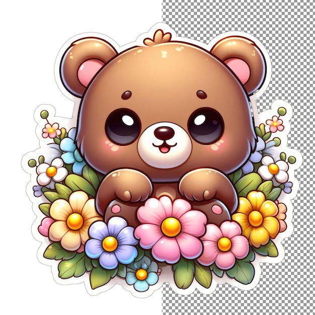 PSD Цветочный игривый медведь в цветочной наклейке