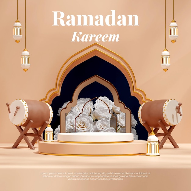 Fiore, lampada e cimice ramadan kareem, immagine 3d render mockup bianco podio in oro bianco in piazza