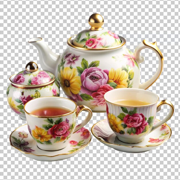 PSD flower printed in tea set on transparent background