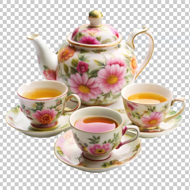 PSD flower printed in tea set on transparent background