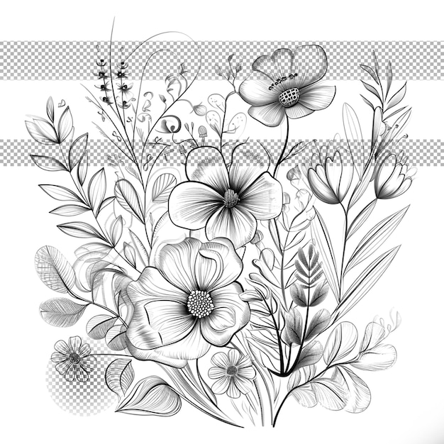 PSD scarabocchi di fiori sullo sfondo trasparente