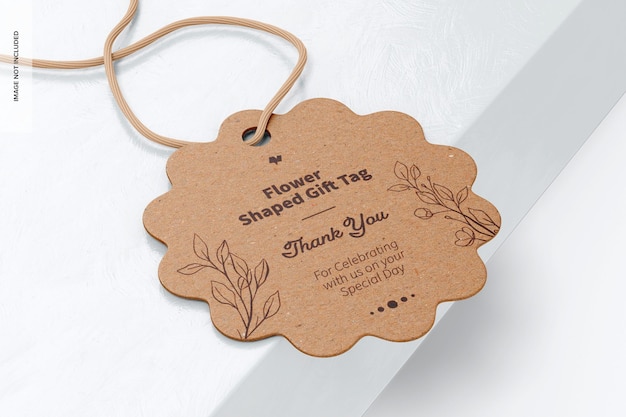 Flower shaped gift tag mockup, on surface