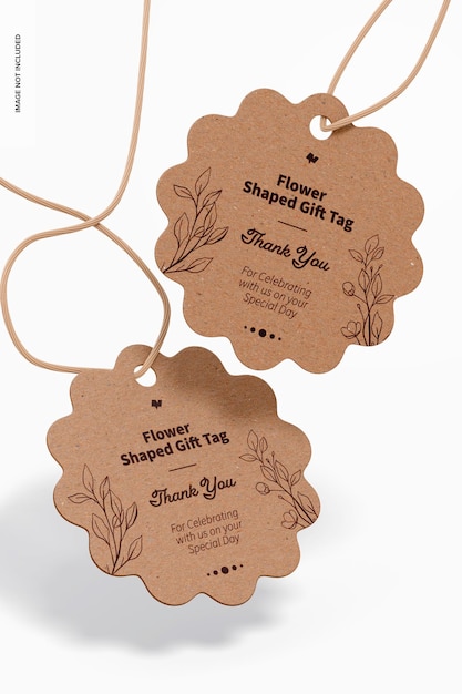 PSD flower shaped gift tags mockup, falling