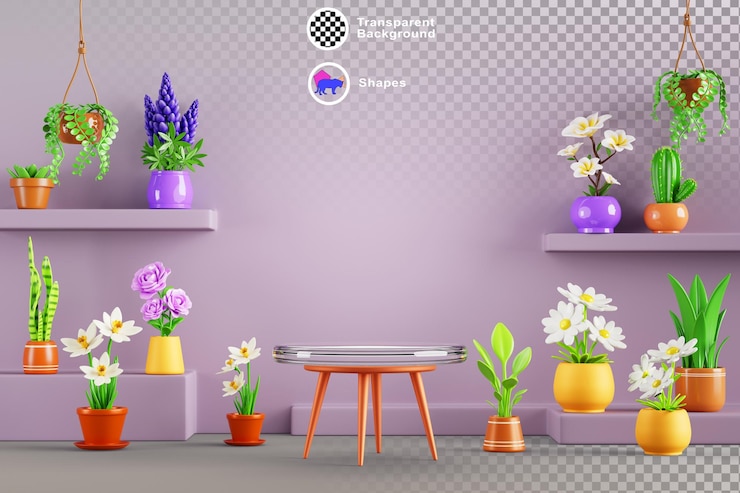PSD flower shop interior cartoon 3d background render florist store inside with glass table for sale floral gift blossom plants with green leaves on shelf hanging pots wall and floor