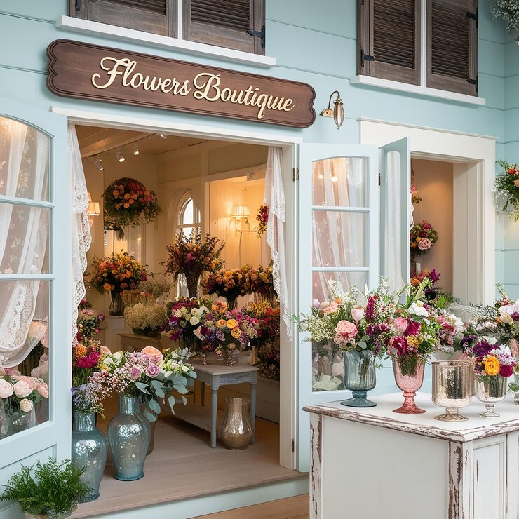 PSD 窓に花があるという看板のある花屋