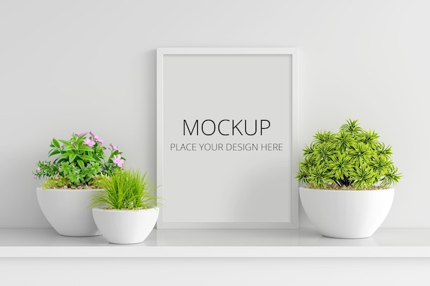 Flower and succulent pot plant with picture frame mockup