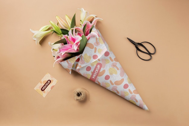 PSD flowers bouquet packaging cone mock-up