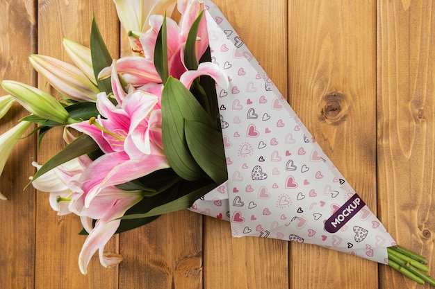 PSD flowers bouquet packaging cone mock-up