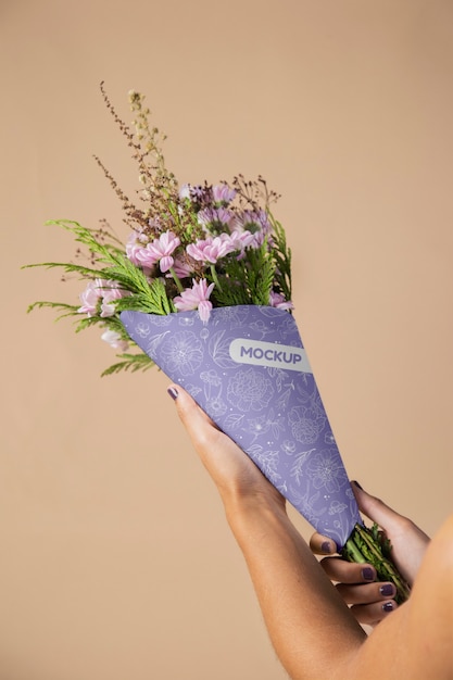 PSD flowers bouquet packaging cone mock-up