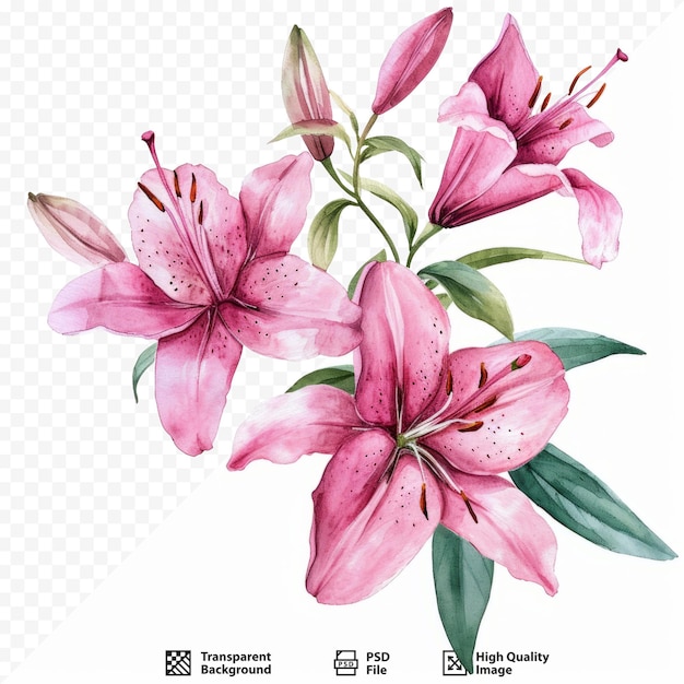 Flowers branch with pink lilies watercolor