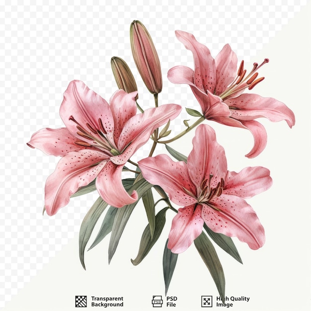 PSD 꽃 가지와 분홍색 릴리 수채화