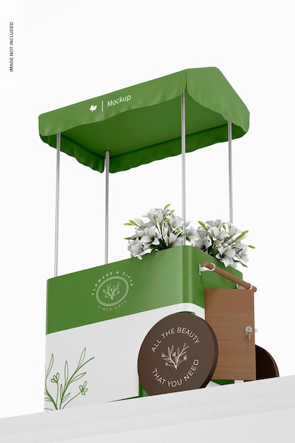 PSD flowers cart mockup, low angle