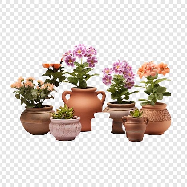 PSD flowers in clay pots isolated on transparent background