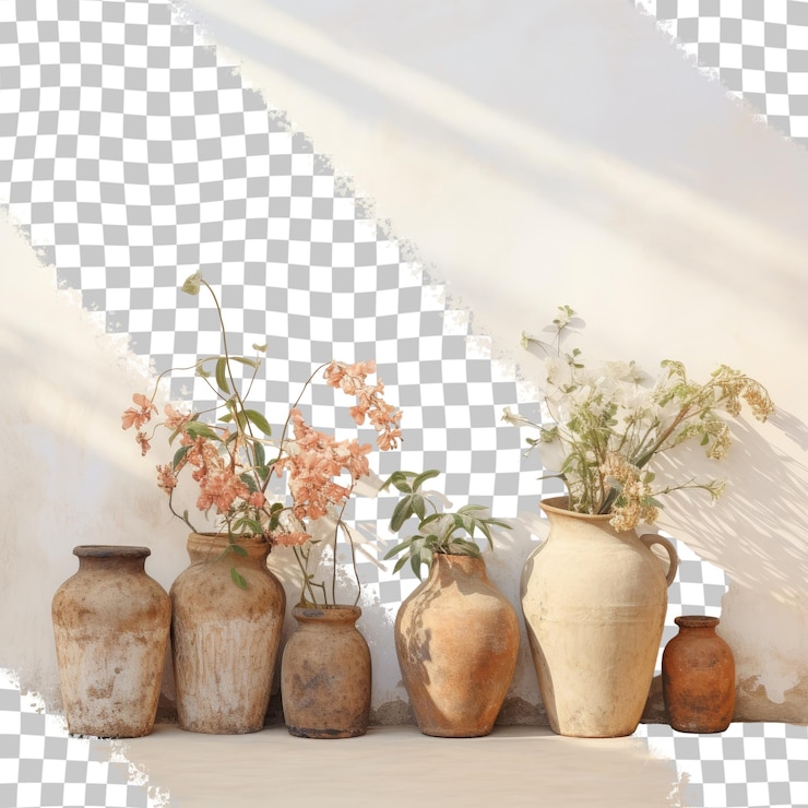 PSD flowers in clay pots placed on a white wall