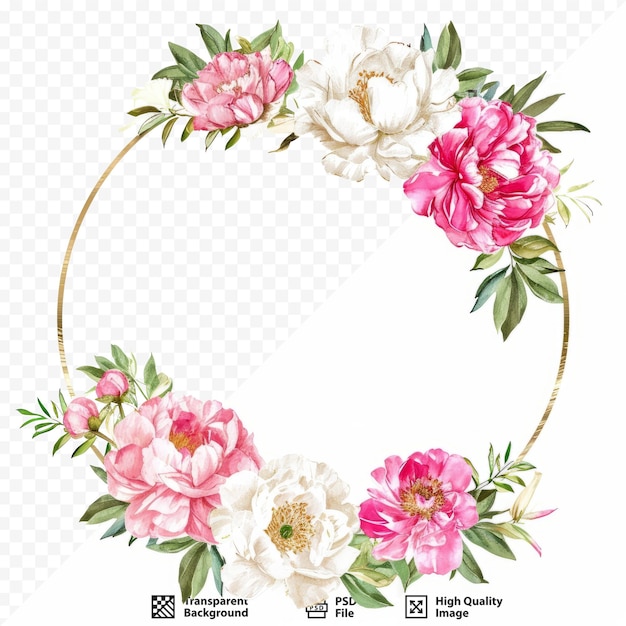 PSD flowers gold frame border watercolor hand painting floral wreath with bouquets pink and white peonies isolated on white isolated background