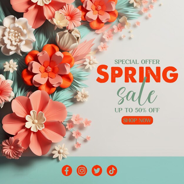 PSD flowers and spring special offer sale social post design template