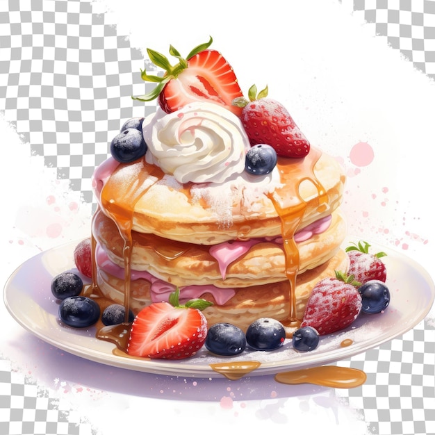 PSD fluffy pancake served with berries honey and ice cream transparent background