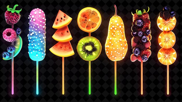 Fluorescent chocolate dipped fruit skewers arranged with fra neon color food drink y2k collection