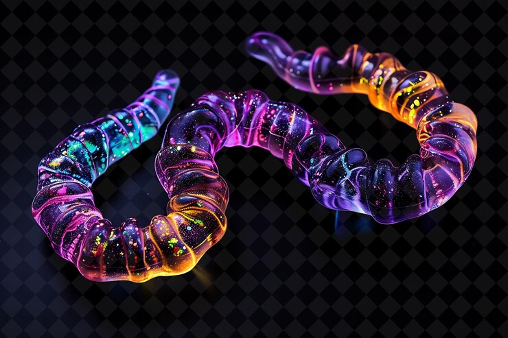 PSD fluorescent gummy worms formed with shattered gummy worm pie neon color food drink y2k collection