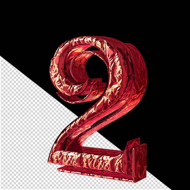 Vista frontale del simbolo 3d rosso scanalato numero 2