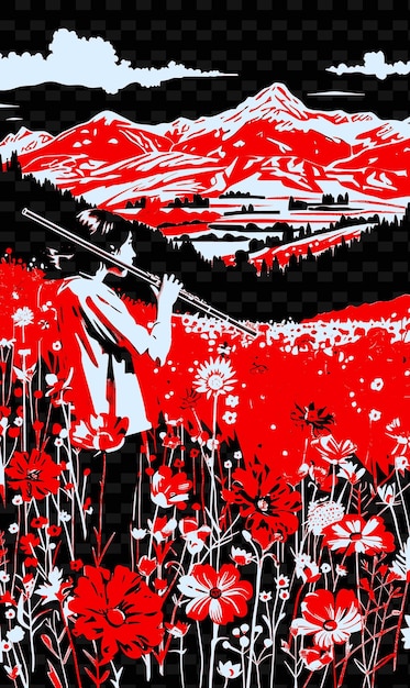 PSD flutist in a field of wildflowers with mountains in the dist vector illustration music poster idea