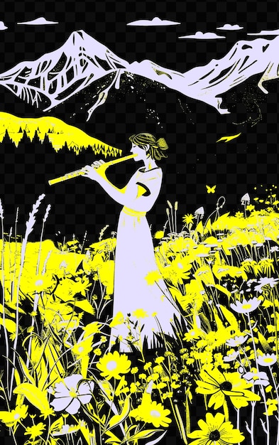 Флейтист в поле диких цветов с горами в далеком мире день музыки плакат баннер открытка