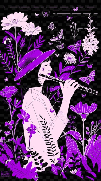 PSD flutist in een rustige tuin met bloeiende bloemen en butte vector illustration music poster idea