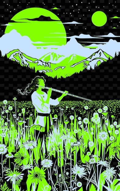 PSD flutista na polu dzikich kwiatów z górami w oddali ilustracja wektorowa pomysł na plakat muzyczny