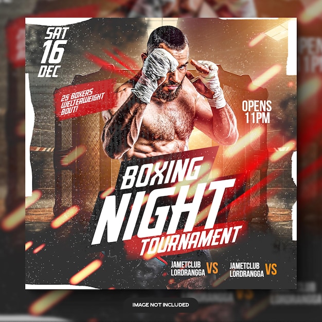 PSD a flyer for boxing night tournament that is open to the public.