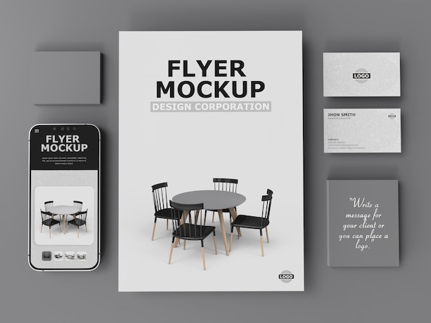 Flyer, business card, logo and screen mockup