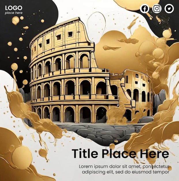 PSD flyer design with abstract gold colosseum illustration