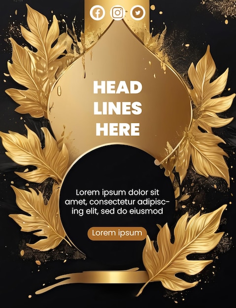 PSD flyer design with abstract gold leaves illustration