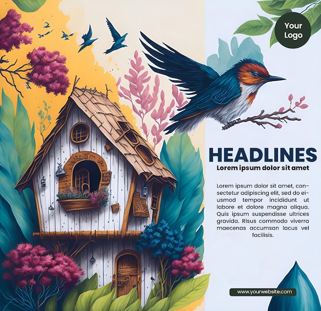 PSD flyer design with bird house illustration