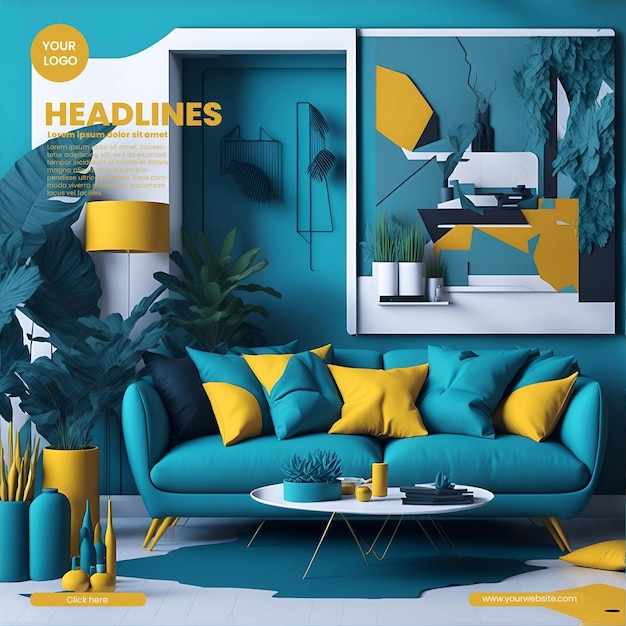 PSD flyer design with living room illustration