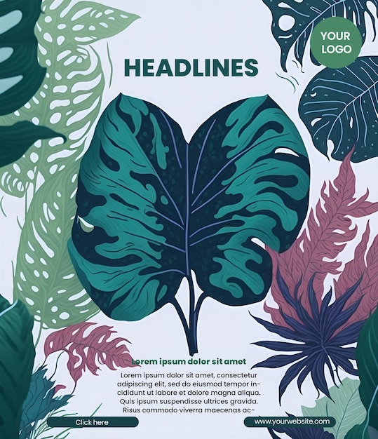 PSD design del volantino con illustrazione di monstera 2