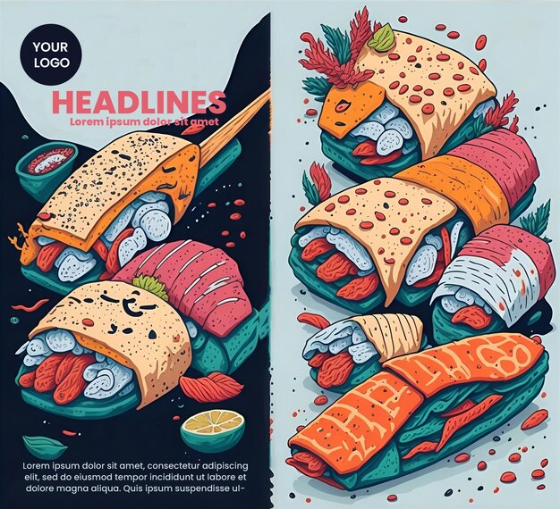 PSD design volantino con illustrazione di sushi