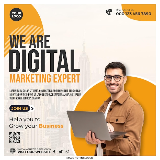 A flyer for digital marketing expert with a man holding a laptop.
