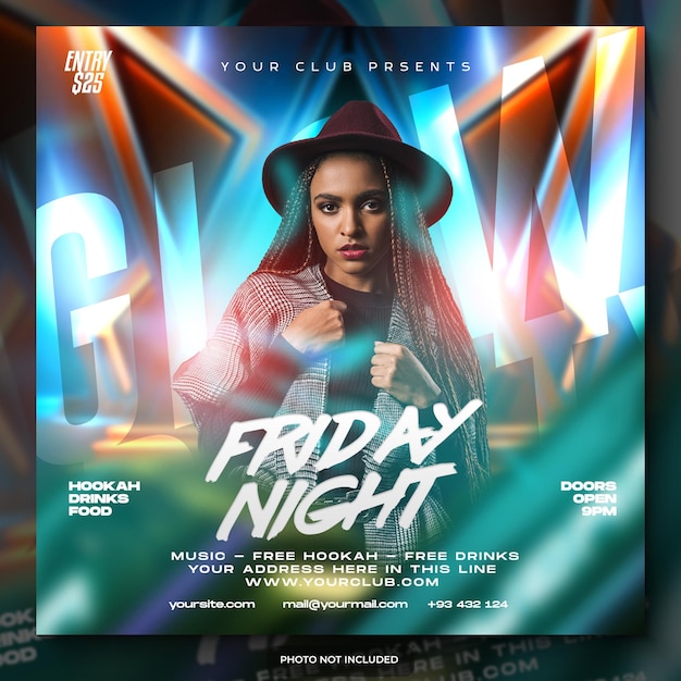 A flyer for friday night with a woman in a hat.