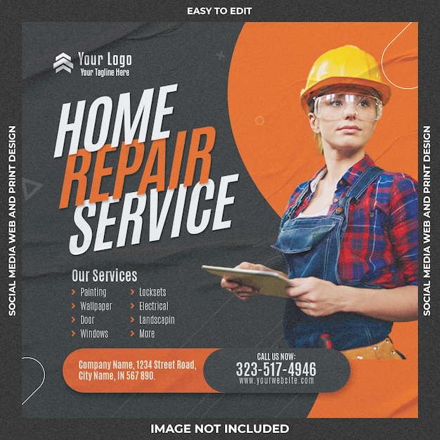 A flyer for home repair service with a woman in orange and black