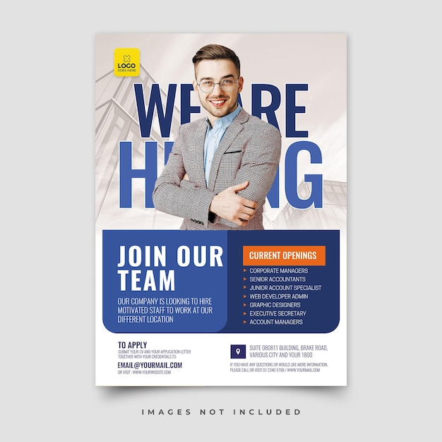 a flyer for a job interview with a man in a suit and a blazer.
