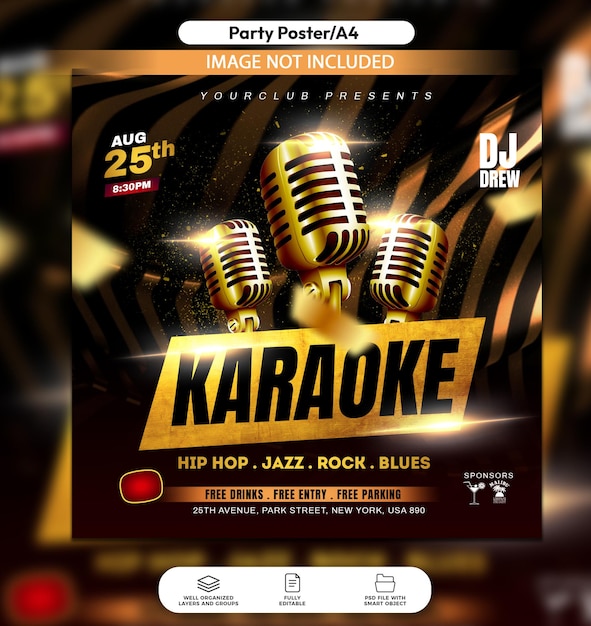 PSD a flyer for karaoke with gold lettering and a gold sign that says 