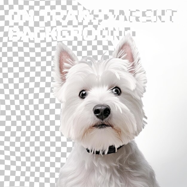 PSD flyer leuke pluizige transparante mooie west highland terrier kijkt naar camera geïsoleerd op transpa